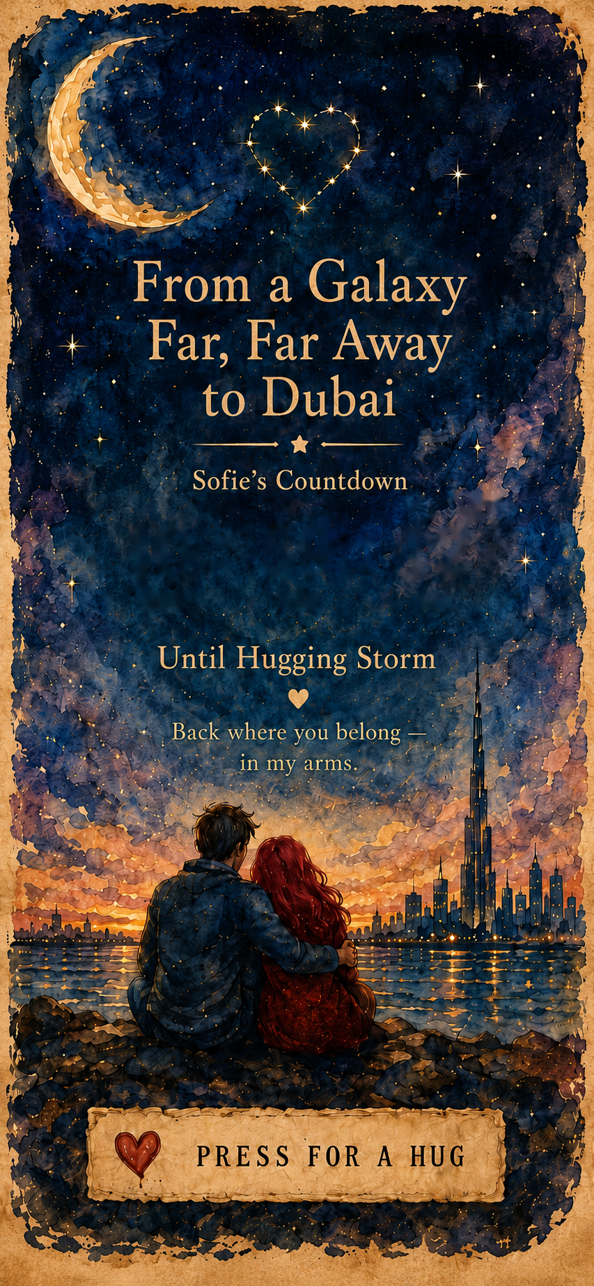 Watercolor night sky over Dubai with a couple sitting together
